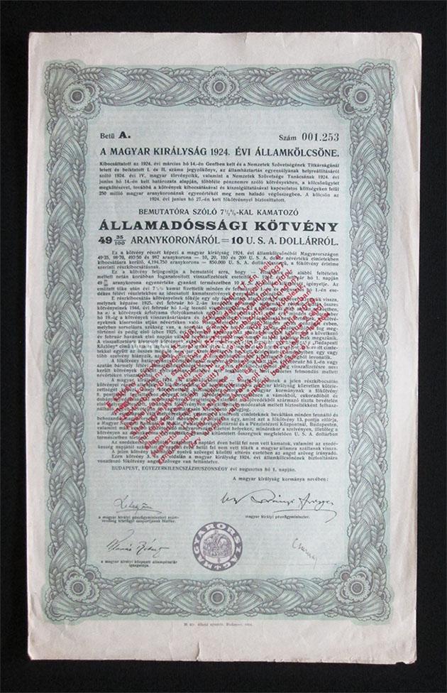 Magyar Királyság Államkölcsöne 10 USA dollár 1924